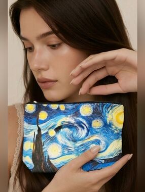 Van Gogh Starry Night Inspired Art Print Linen Makeup Pouch Travel Cosmetic Bag